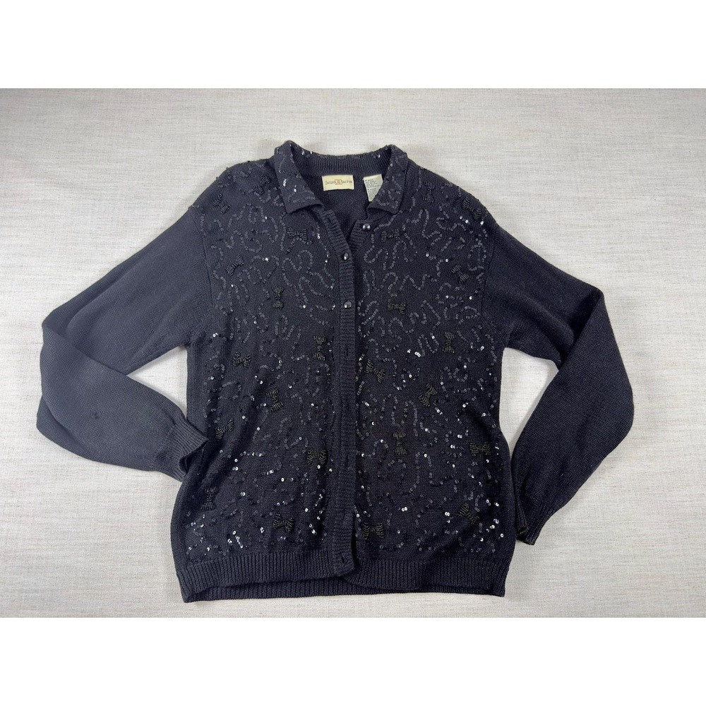 Jaclyn Smith Black Sequin Beaded Bow Cardigan Sweater Womens Medium Vintage